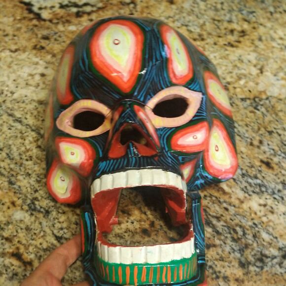 GUATEMALAN MEXICAN MOVABLE SKULL MASK TRANSFORMATION WOODEN FOLK ART HAND CARVED - Picture 1 of 12